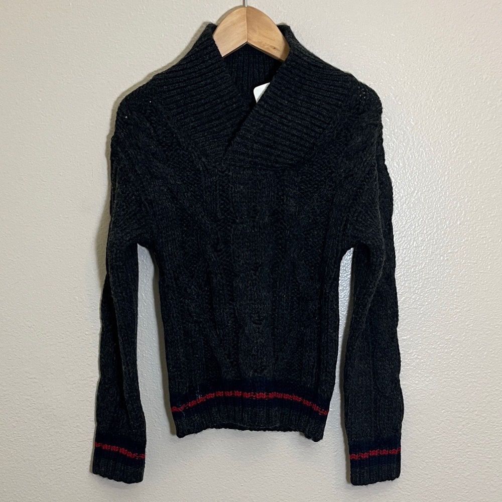 NWT Peek Redmond Shawl Collar Grey Red Navy Knit Sweater
